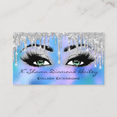 Makeup Artist Green Eyelash Blue Holographic Business Card