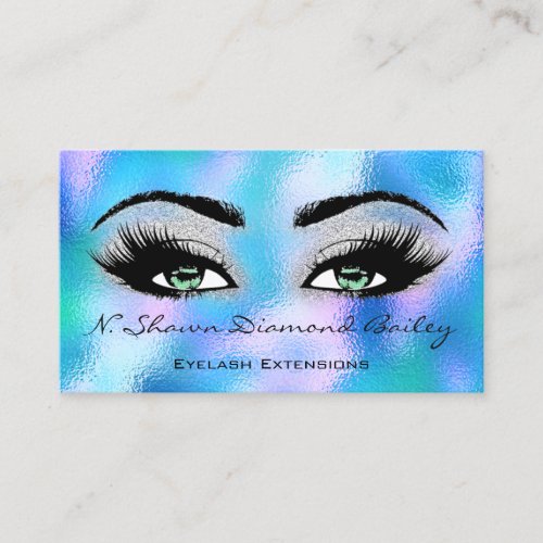 Makeup Artist Green Eyelash Blue Holographic GLASS Business Card
