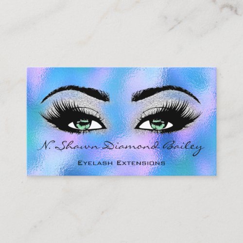 Makeup Artist Green Eyelash Blue Holographic gray Business Card