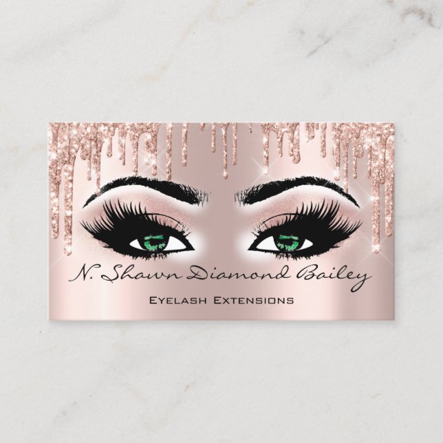 Makeup Artist Green Eyes Lashes Glitter Drips Rose Business Card (Front)