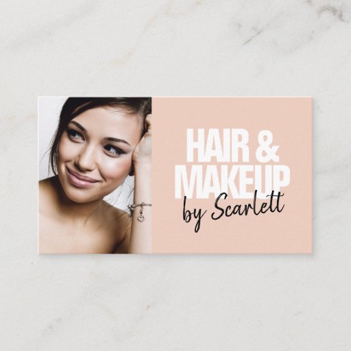 Customizable Makeup artist hair photo bold script blush pink business card