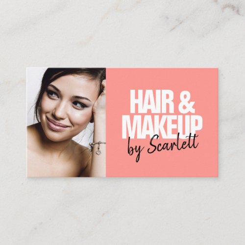 Makeup artist hair photo bold script coral red business card