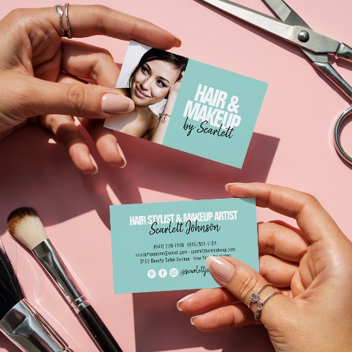 Customizable Makeup artist hair photo bold script mint blue business card