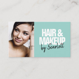 Makeup artist hair photo bold script mint blue business card