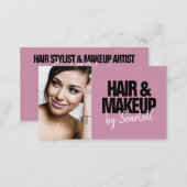 Makeup artist hair photo bold script violet purple business card (Front/Back)