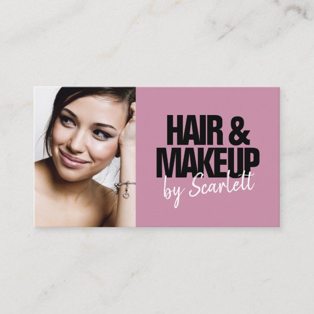 Makeup artist hair photo bold script violet purple business card (Front)
