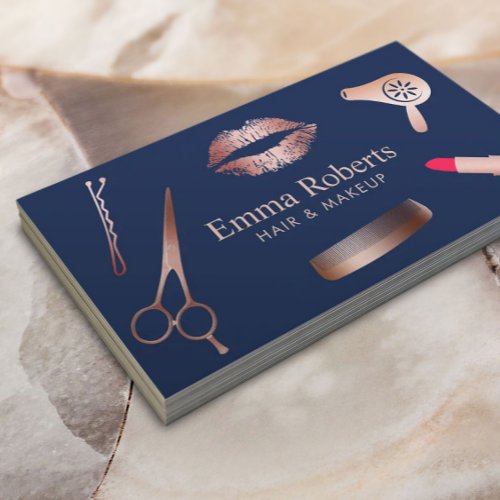 Makeup Artist Hair Salon Chic Rose Gold Navy Blue Business Card