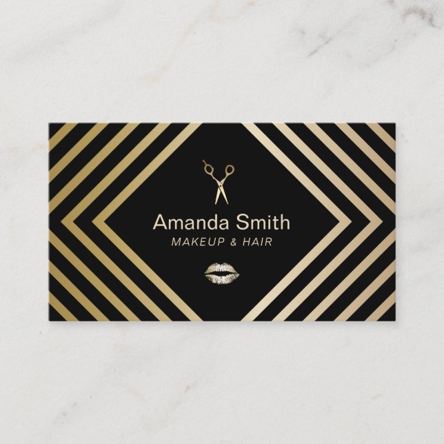 Makeup Artist Hair Salon Geometric Black & Gold Business Card (Front)