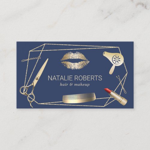 Makeup Artist Hair Salon Geometric Navy  Gold Business Card