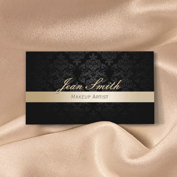 Makeup Artist Hair Salon Gold Striped Black Damask Business Card by cardfactory at Zazzle
