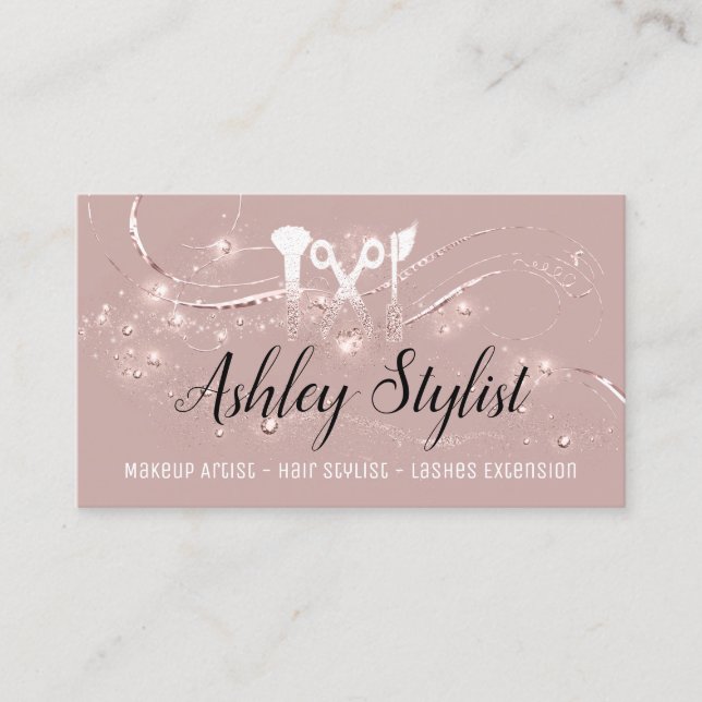 Makeup Artist Hair Salon Lash Scissors Rose Business Card (Front)