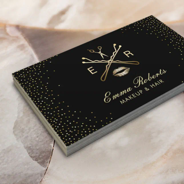 Makeup Artist Hair Salon Modern Black & Gold Business Card | Zazzle