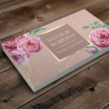Makeup Artist Hair Salon Pink Floral Rose Gold Business Card by cardfactory at Zazzle
