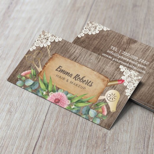 Customizable Makeup Artist Hair Salon Rustic Floral Wooden Business Card
