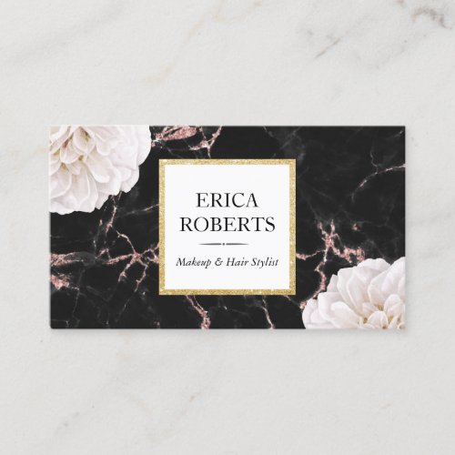 Makeup Artist Hair Salon White Floral Chic Marble Business Card