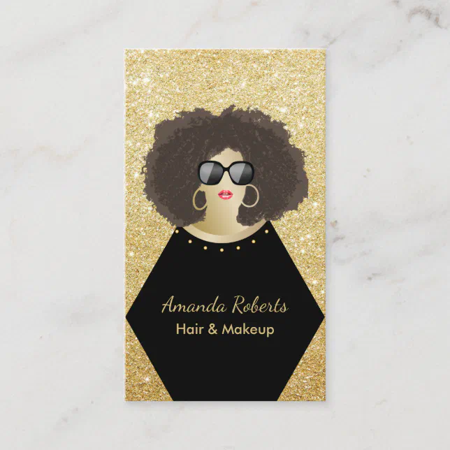 Makeup Artist Hair Stylist Afro Chic Black & Gold Business Card | Zazzle