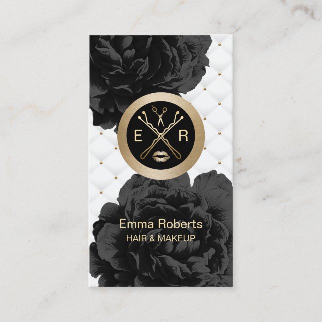 Makeup Artist Hair Stylist Black Floral Luxury Business Card (Front)