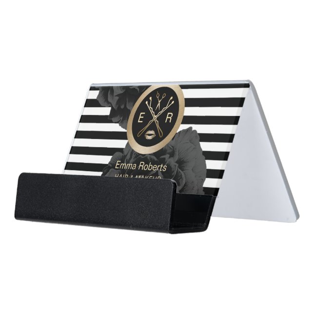 Makeup Artist Hair Stylist Black Floral Modern Desk Business Card Holder (Angled Front)