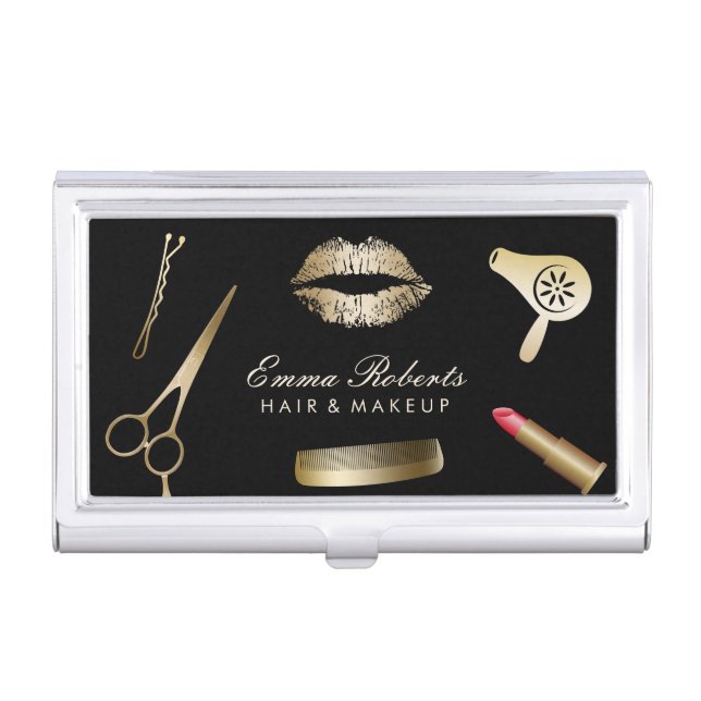 Makeup Artist Hair Stylist Black Gold Beauty Salon Business Card Case (Front)