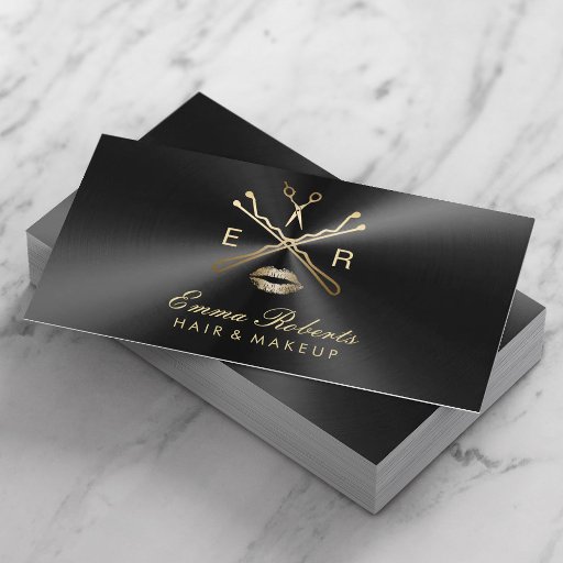 Customizable Makeup Artist Hair Stylist Black &amp; Gold Metallic Business Card