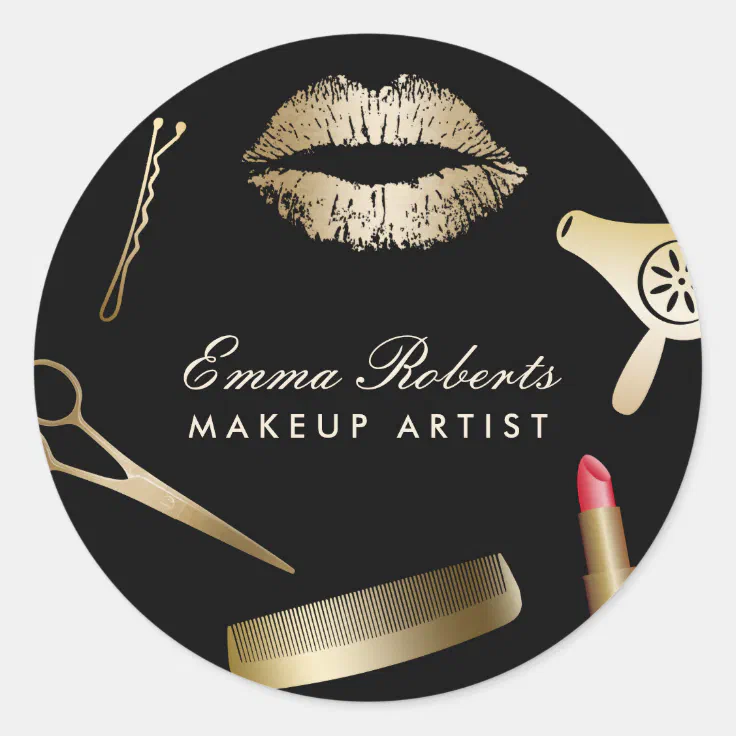 Makeup Artist Hair Stylist Black & Gold Salon Classic Round Sticker | Zazzle Makeup Artist Hair Stylist Black & Gold Salon Classic Round Sticker | Zazzle