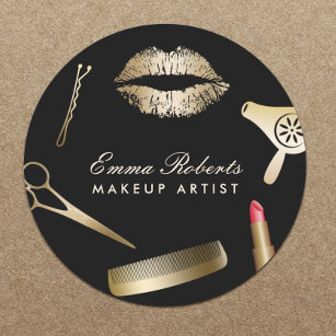 Makeup Artist Hair Stylist Black & Gold Salon Classic Round Sticker