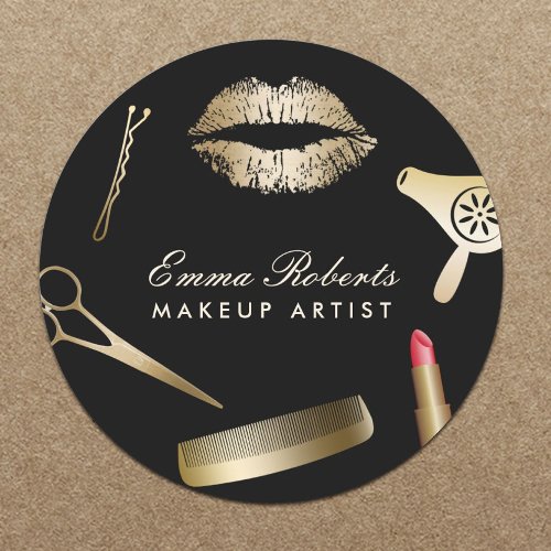 Makeup Artist Hair Stylist Black  Gold Salon Classic Round Sticker