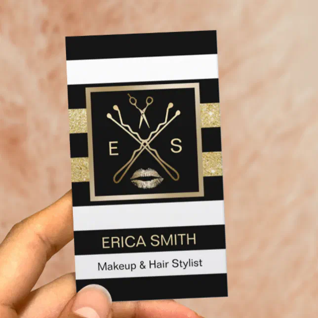 Makeup Artist Hair Stylist Black & Gold Stripes Business Card | Zazzle