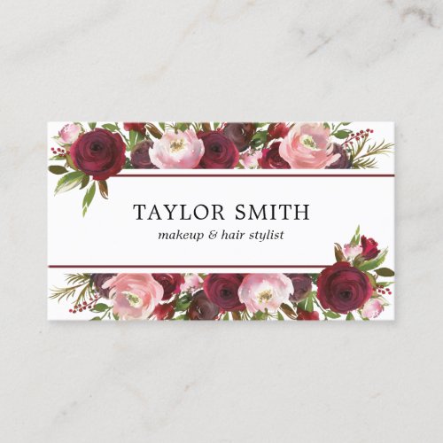 Makeup Artist Hair Stylist Burgundy Blush Floral Business Card - Elegant professional business cards featuring a simple white background that can be change to any color, a red, burgundy & blush pink watercolor floral spray, and a modern template that is easy to personalize. This design is perfect for a Wedding Planner, Florist, Event Organizer, Makeup Artist, Beautician, Hair Stylist, Nail Technician, Cosmetologist, or Salon.