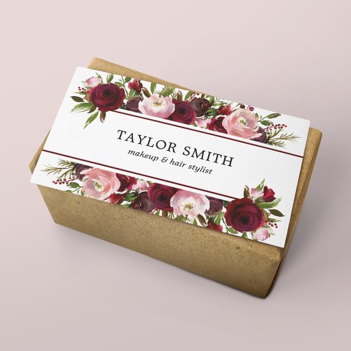 Customizable Makeup Artist Hair Stylist Burgundy Blush Floral Business Card