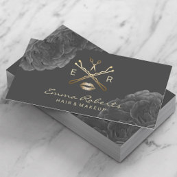 Makeup Artist Hair Stylist Dark Floral Gold Logo Business Card