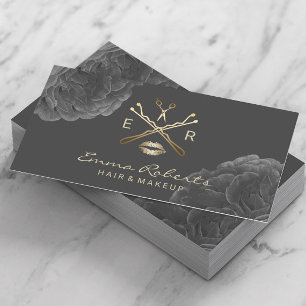 Makeup Artist Hair Stylist Dark Floral Gold Logo Business Card
