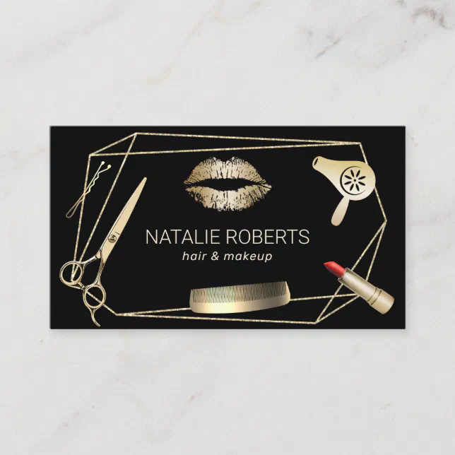 Makeup Artist Hair Stylist Geometric Black & Gold Business Card | Zazzle