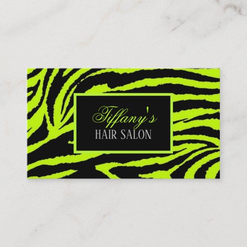 makeup artist hair stylist Lime Green Zebra print Business Card