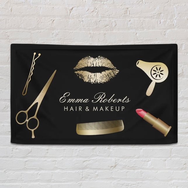 Makeup Artist Hair Stylist Modern Black & Gold Banner (Creator Uploaded)