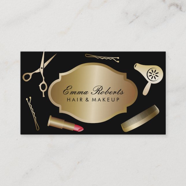 Makeup Artist & Hair Stylist Modern Black & Gold Business Card (Front)