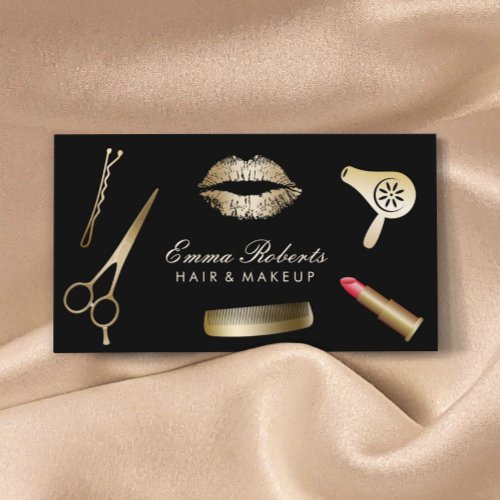Makeup Artist Hair Stylist Modern Black  Gold Business Card