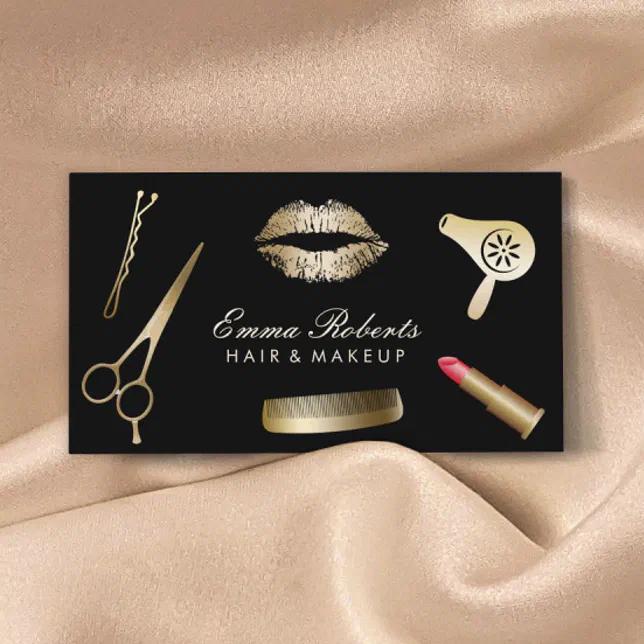 Makeup Artist Hair Stylist Modern Black & Gold Business Card | Zazzle