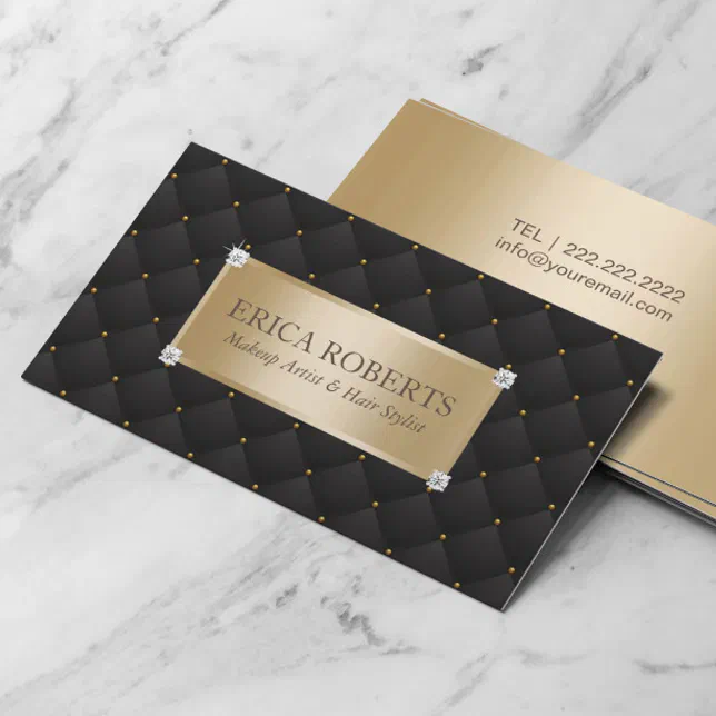 Makeup Artist Hair Stylist Modern Black & Gold Business Card | Zazzle