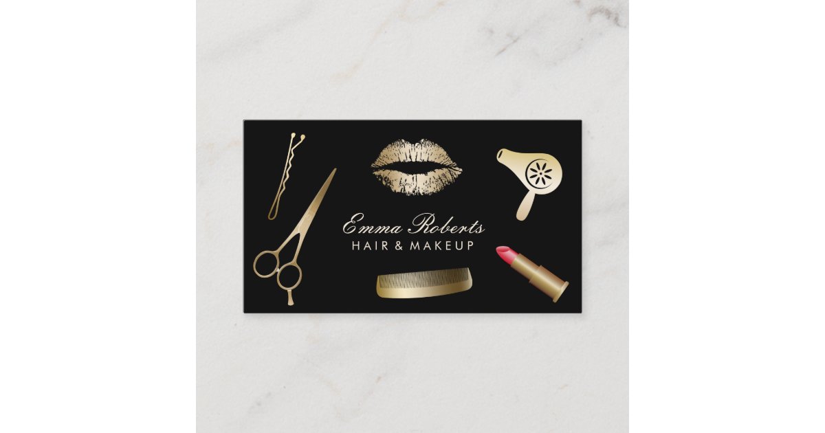 Makeup Artist Hair Stylist Modern Black & Gold Business Card | Zazzle