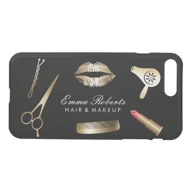 Makeup Artist Hair Stylist Modern Black & Gold Uncommon iPhone Case (Back Horizontal)