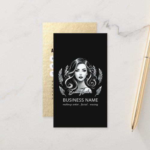 Makeup Artist Hair Stylist Modern Black White Gold Appointment Card