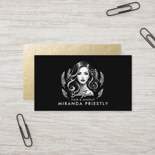 Makeup Artist Hair Stylist Modern Black White Gold Business Card