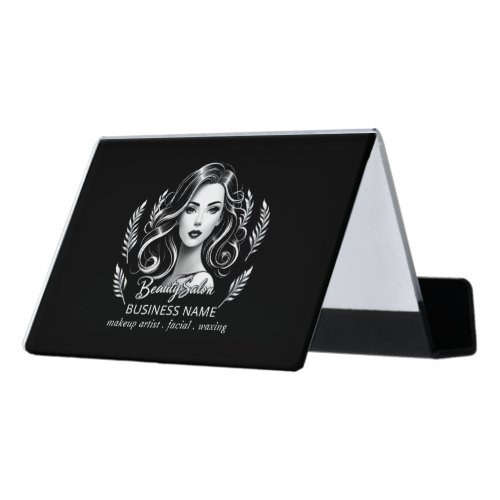 Makeup Artist Hair Stylist Modern Black White Gold Desk Business Card Holder