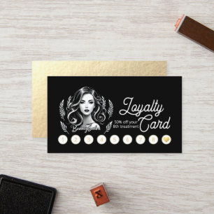 Makeup Artist Hair Stylist Modern Black White Gold Loyalty Card