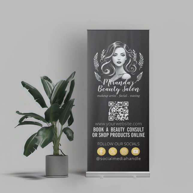 Makeup Artist Hair Stylist Modern Black White Gold Retractable Banner (Creator Uploaded)