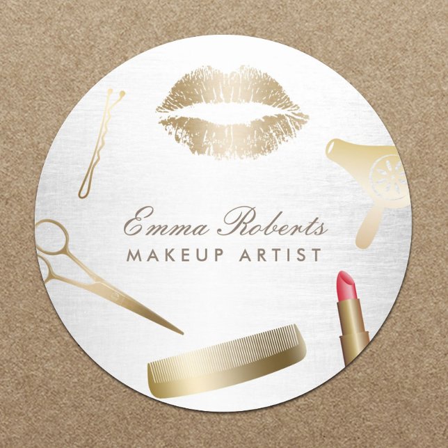 Makeup Artist Hair Stylist Modern Gold & Silver Classic Round Sticker (Creator Uploaded)