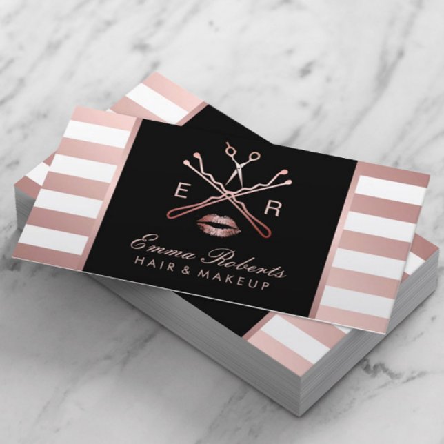 Makeup Artist Hair Stylist Modern Rose Gold Stripe Business Card (Creator Uploaded)