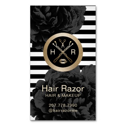 Makeup Artist  Hair Stylist Modern Stripes Floral Business Card Magnet
