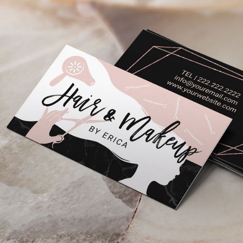 Makeup Artist Hair Stylist Pink Black Marble Salon Business Card